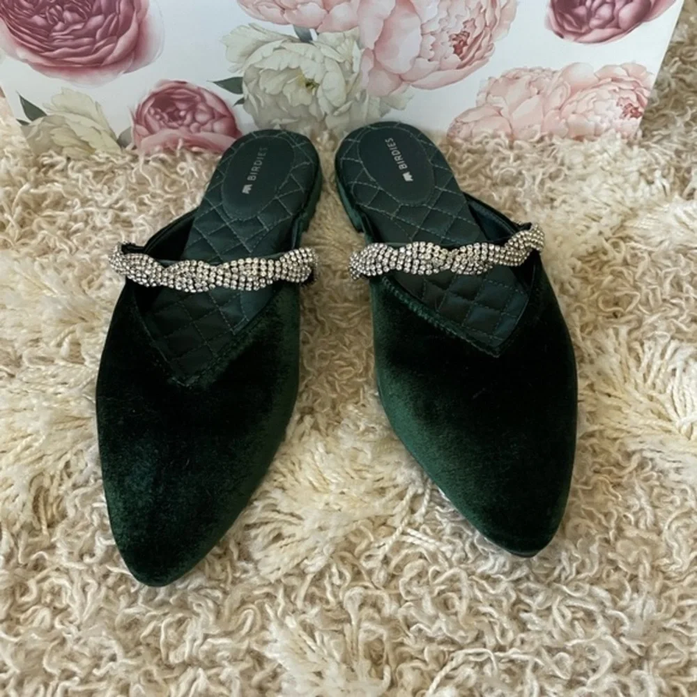 Emerald Green Birdies Swan Jeweled Velvet Slip On Shoe